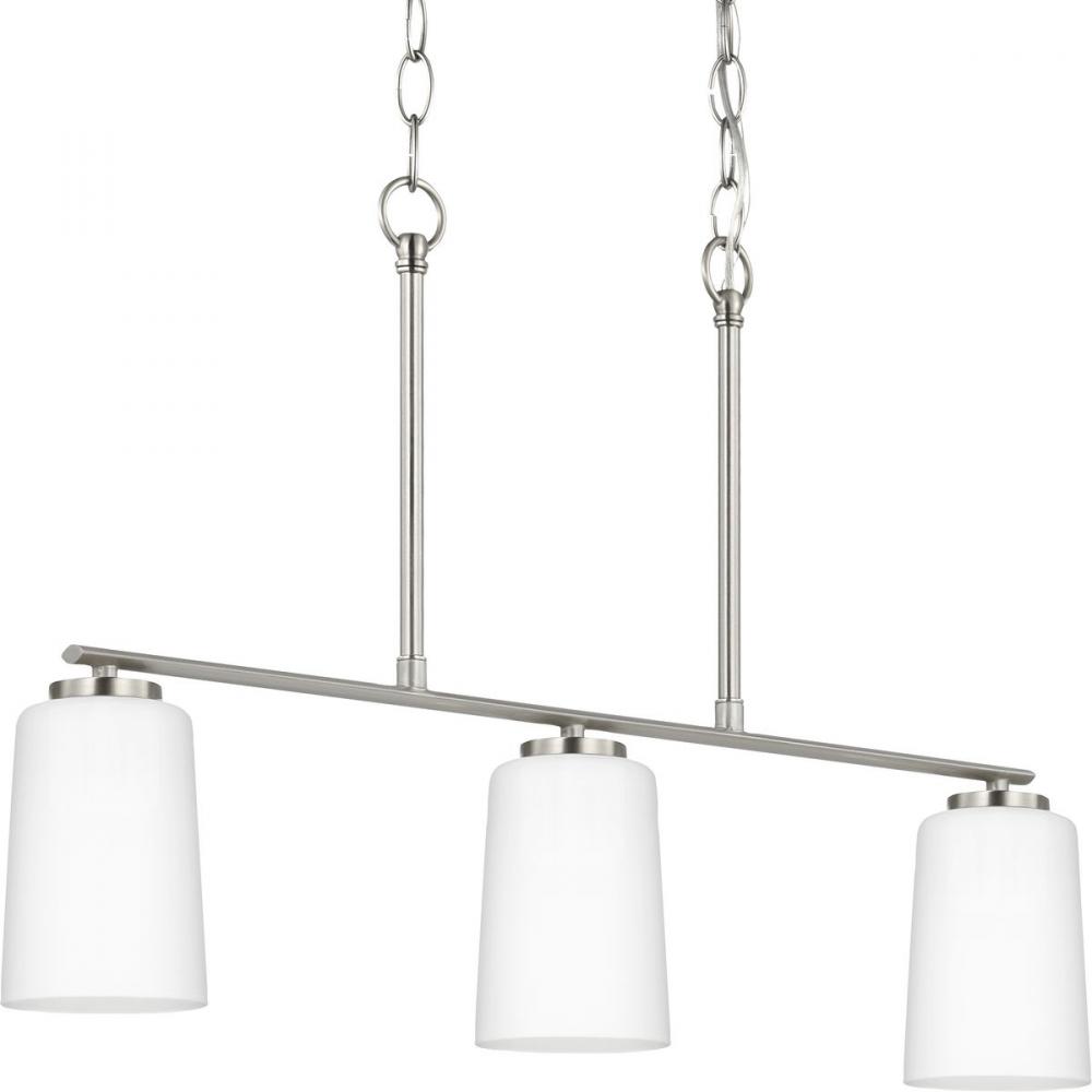 Adley Collection Three-Light Brushed Nickel Etched White Opal Glass New Traditional Linear Chandelie