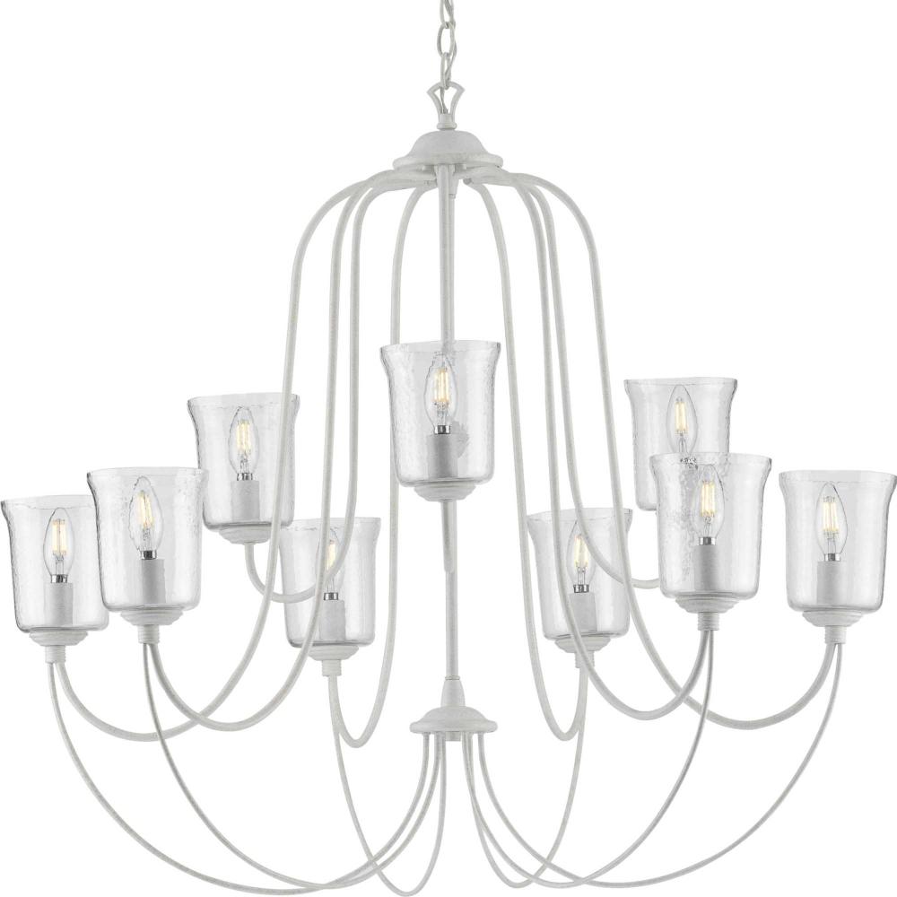 Bowman Collection Nine-Light Cottage White Clear Chiseled Glass Coastal Chandelier Light